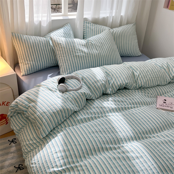 91家纺网 家纺一手货源 找家纺 盛秋家纺 2025新款亲肤格子水洗棉条纹格子四件套【简约风】莫拉绿+海清