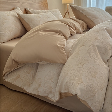 莱茵家居 2025春夏新款A类三层纱色织提花全棉四件套 杏曳卡其