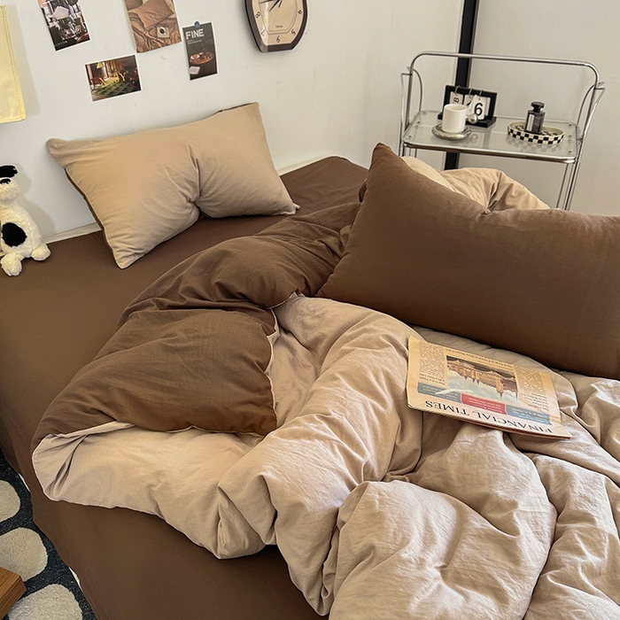 91家纺网 家纺一手货源 找家纺 耀达家居 2025新款纯色A类水洗棉双拼四件套 奶茶可可