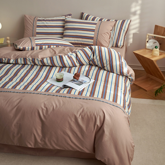 91家纺网 家纺一手货源 找家纺 安莱生活 2025新款全棉日式侘寂风条格系列四件套 咖时