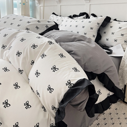 91家纺网 家纺一手货源 找家纺 逸林家纺《原希尔顿逸林》 2025新款法式赫本风水洗棉四件套赫本风-黑色蝴蝶结