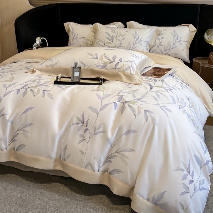 91家纺网 家纺一手货源 找家纺 2025春夏新款简奢款嵌绳莱赛尔数码印花四件套单夏被床笠床单款 春晓雨梦