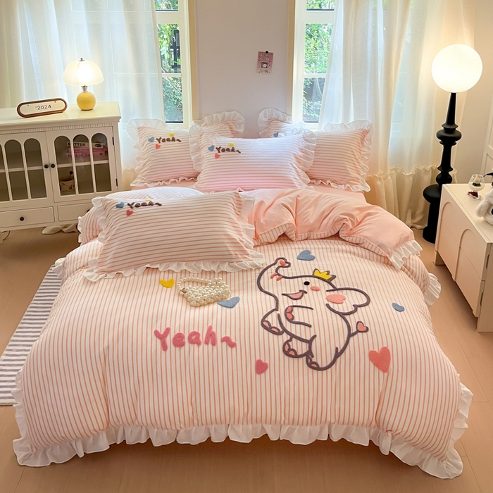 91家纺网 家纺一手货源 找家纺 （总）泉欣家纺 2025新品韩系网红水洗棉卡通毛巾绣花小象考拉系列四件套（专版花型）