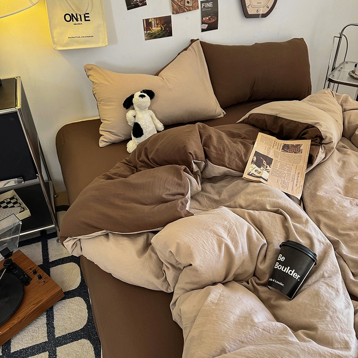 91家纺网 家纺一手货源 找家纺 耀达家居 2025新款纯色A类水洗棉双拼四件套 奶茶可可