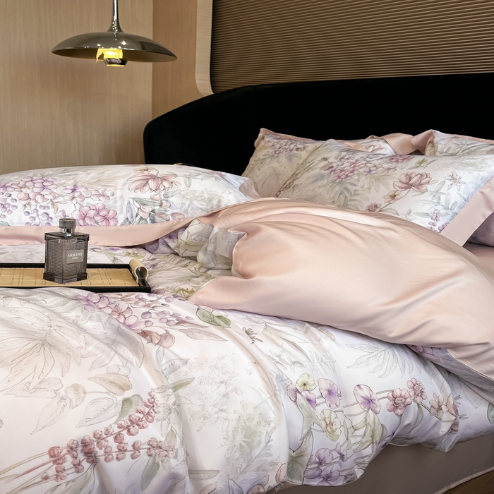 91家纺网 家纺一手货源 找家纺 2025春夏新款简奢款嵌绳莱赛尔数码印花四件套单夏被床笠床单款 繁华枝恋 