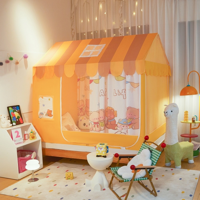 91家纺网 家纺一手货源 找家纺 卓尔居2025新款儿童小房子坐床式防摔蚊帐螺纹碳素钢支架梦幻 梦幻星屋-橘