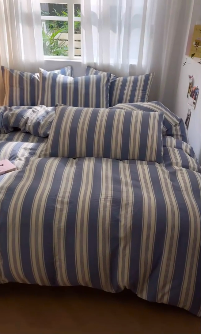 91家纺网 家纺一手货源 找家纺 盛秋家纺 2025新款亲肤格子水洗棉条纹格子四件套【简约风】蓝灰中条+海清