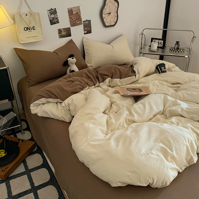 91家纺网 家纺一手货源 找家纺 耀达家居 2025新款纯色A类水洗棉双拼四件套 燕麦可可