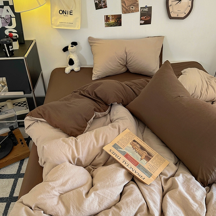 91家纺网 家纺一手货源 找家纺 耀达家居 2025新款纯色A类水洗棉双拼四件套 奶茶可可