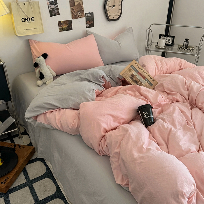 91家纺网 家纺一手货源 找家纺 耀达家居 2025新款纯色A类水洗棉双拼四件套 芭蕾灰粉