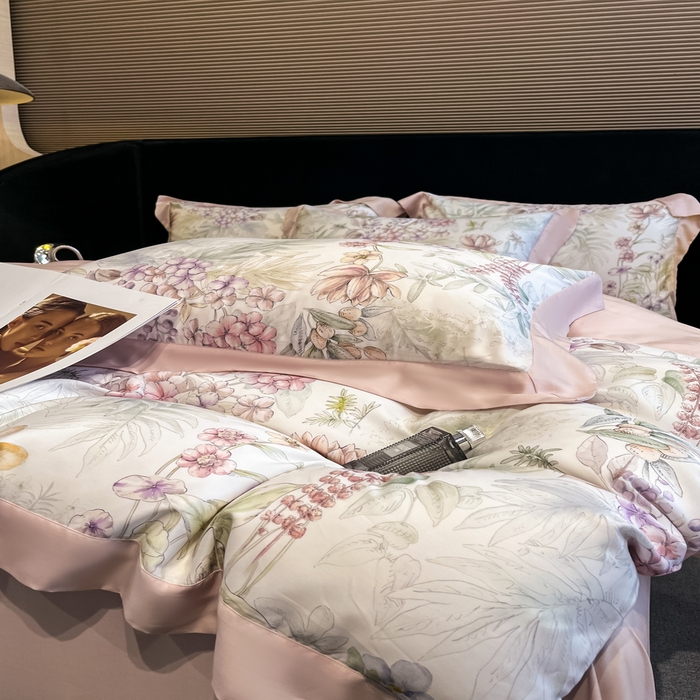 91家纺网 家纺一手货源 找家纺 2025春夏新款简奢款嵌绳莱赛尔数码印花四件套单夏被床笠床单款 繁华枝恋 