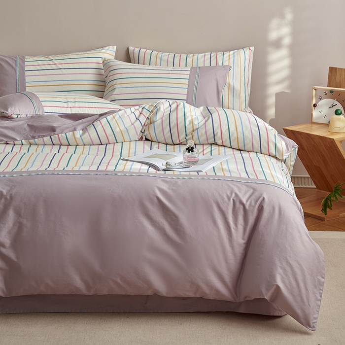 91家纺网 家纺一手货源 找家纺 安莱生活 2025新款全棉日式侘寂风条格系列四件套 浅叙