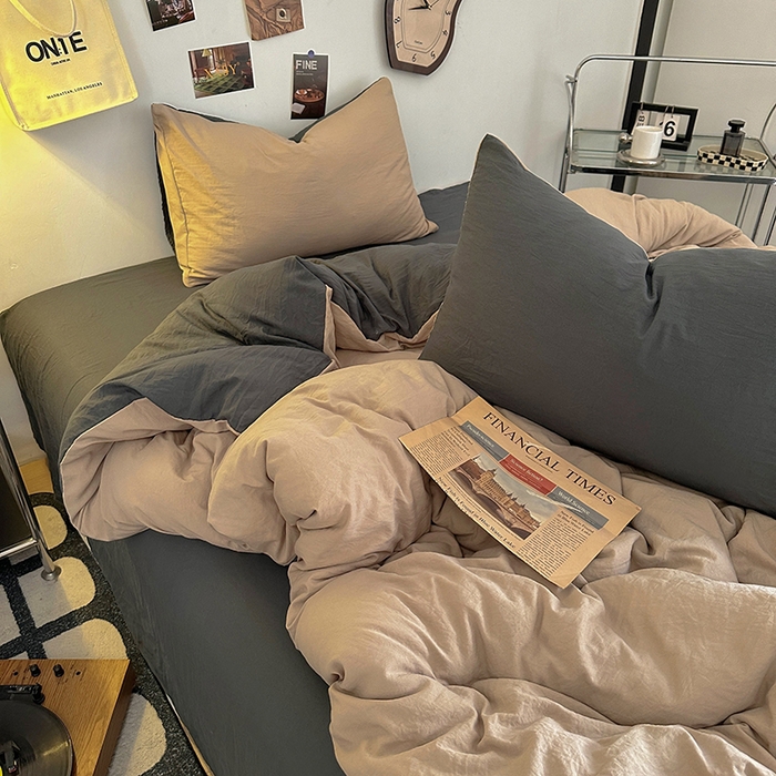 91家纺网 家纺一手货源 找家纺 耀达家居 2025新款纯色A类水洗棉双拼四件套 奶茶灰