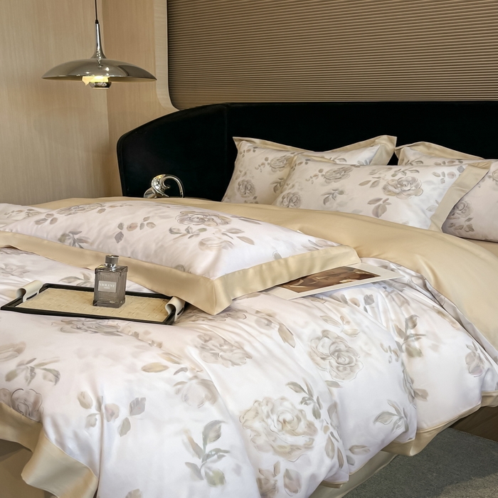 91家纺网 家纺一手货源 找家纺 2025春夏新款简奢款嵌绳莱赛尔数码印花四件套单夏被床笠床单款 蔓艺 