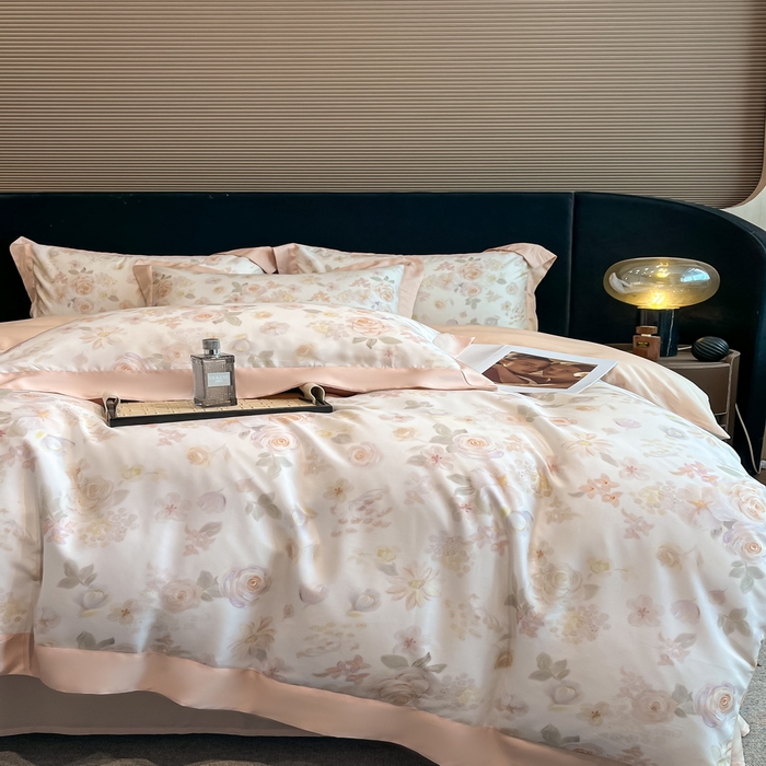 91家纺网 家纺一手货源 找家纺 2025春夏新款简奢款嵌绳莱赛尔数码印花四件套单夏被床笠床单款 念池-粉 