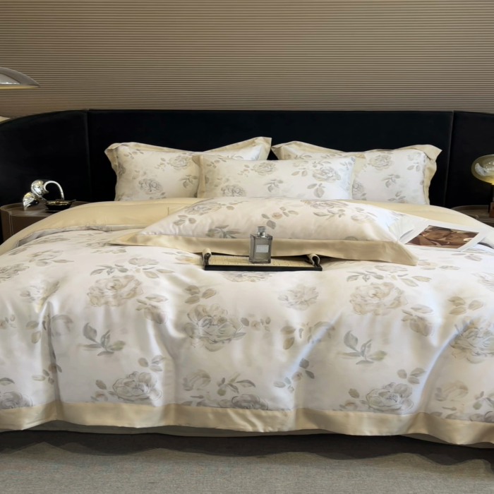 91家纺网 家纺一手货源 找家纺 2025春夏新款简奢款嵌绳莱赛尔数码印花四件套单夏被床笠床单款 蔓艺 