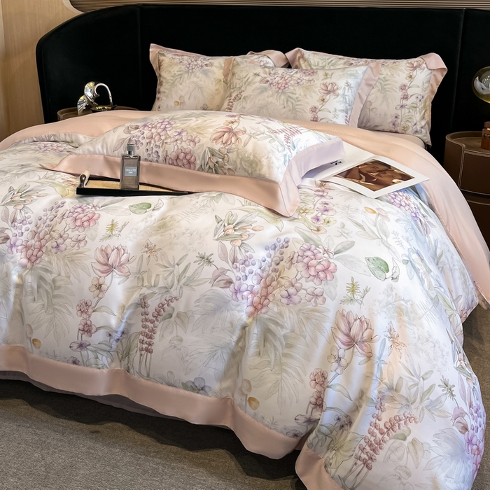 91家纺网 家纺一手货源 找家纺 2025春夏新款简奢款嵌绳莱赛尔数码印花四件套单夏被床笠床单款 繁华枝恋 