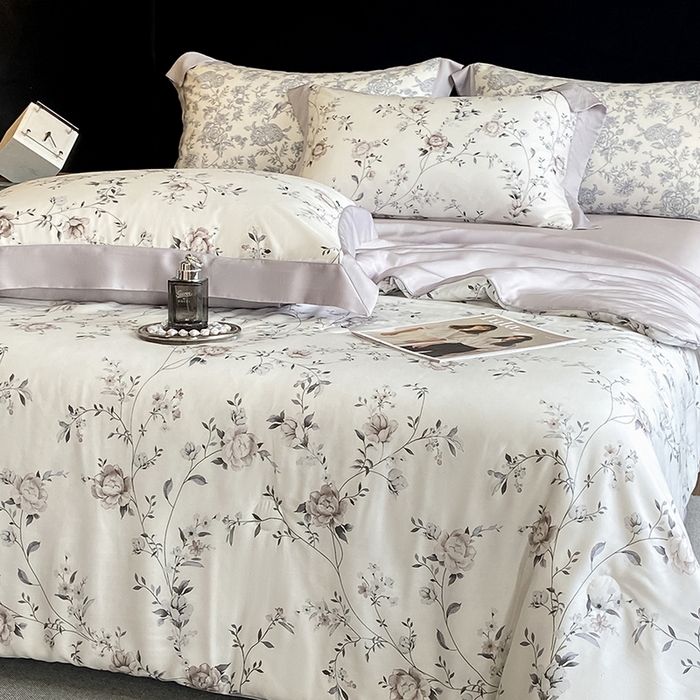 91家纺网 家纺一手货源 找家纺 2025春夏新款简奢款嵌绳莱赛尔数码印花夏被四件套单夏被床笠床单款 情依