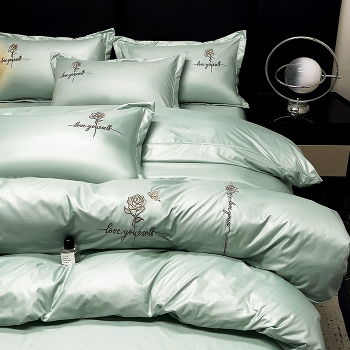 91家纺网 家纺一手货源 找家纺 2025春夏新款春夏新品水洗天丝棉轻奢刺绣四件套-芸伊 绿