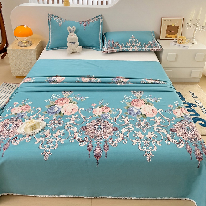 91家纺网 家纺一手货源 找家纺 2025春夏新品鱼骨棉老粗布凉席 欧式风情-蓝