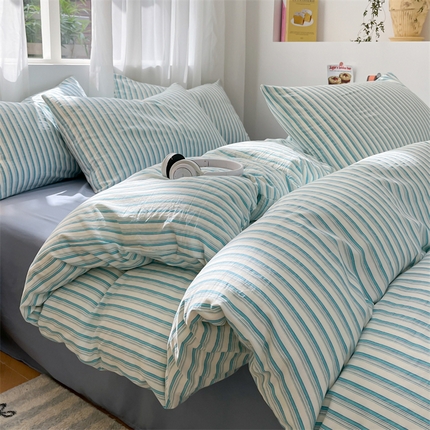 盛秋家纺 2025新款亲肤格子水洗棉条纹格子四件套【简约风】莫拉绿+海清