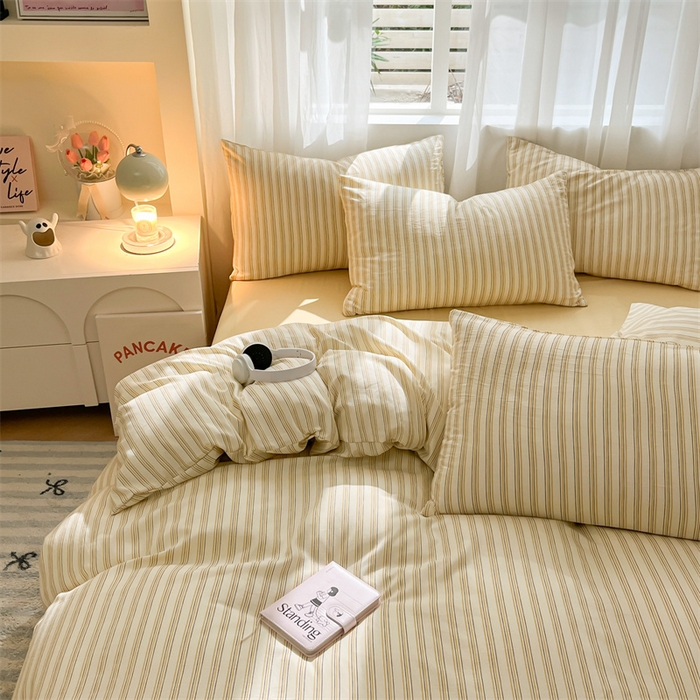 91家纺网 家纺一手货源 找家纺 盛秋家纺 2025新款亲肤格子水洗棉条纹格子四件套【简约风】芝士条纹+云初黄