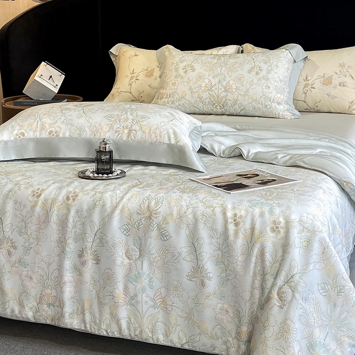 91家纺网 家纺一手货源 找家纺 2025春夏新款简奢款嵌绳莱赛尔数码印花夏被四件套单夏被床笠床单款 素瑾 绿