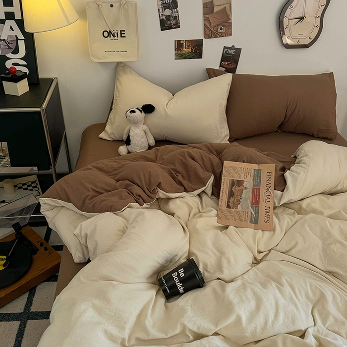 91家纺网 家纺一手货源 找家纺 耀达家居 2025新款纯色A类水洗棉双拼四件套 燕麦可可