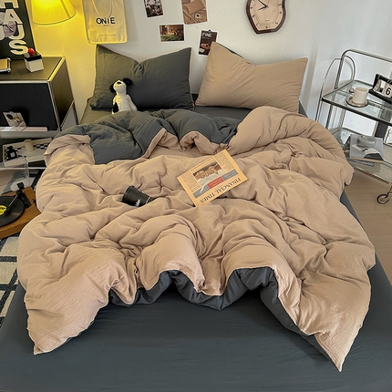 耀达家居 2025新款纯色A类水洗棉双拼四件套 奶茶灰