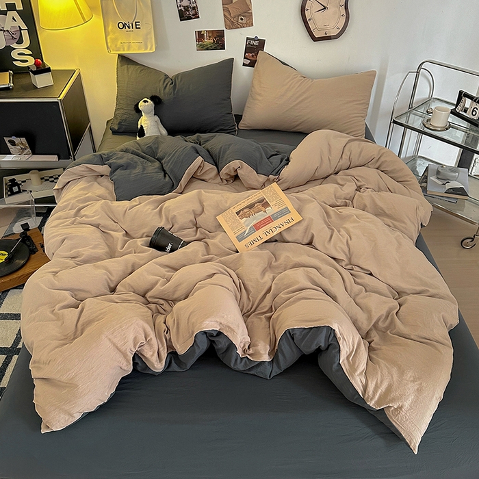 91家纺网 家纺一手货源 找家纺 耀达家居 2025新款纯色A类水洗棉双拼四件套 奶茶灰