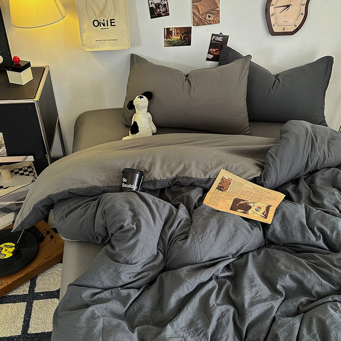 91家纺网 家纺一手货源 找家纺 耀达家居 2025新款纯色A类水洗棉双拼四件套 经典灰