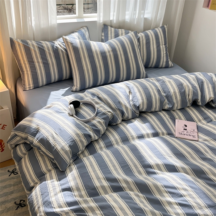 91家纺网 家纺一手货源 找家纺 盛秋家纺 2025新款亲肤格子水洗棉条纹格子四件套【简约风】蓝灰中条+海清