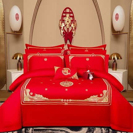 蒂爵2025新款婚庆四件套A版长绒棉绣花 B版100长绒棉（加大+20元）			 爱的嫁衣-金