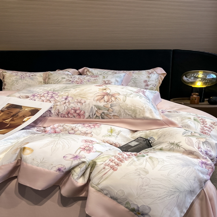 91家纺网 家纺一手货源 找家纺 2025春夏新款简奢款嵌绳莱赛尔数码印花四件套单夏被床笠床单款 繁华枝恋 