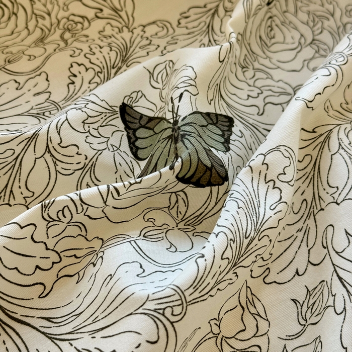 91家纺网 家纺一手货源 找家纺 宅家居 2025新款爆款轻法式赫本风复古印花13372纯棉四件套韩式黑色花边40支全棉三件套 蝶舞