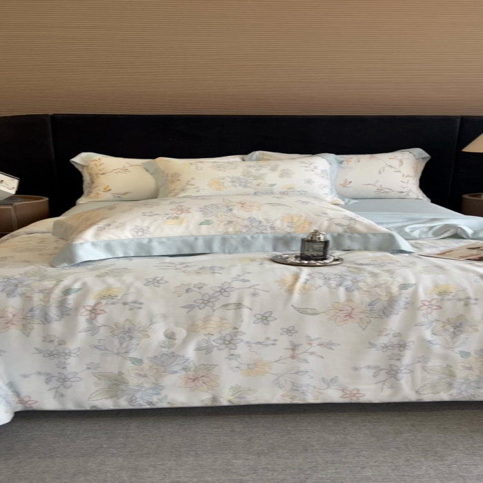 91家纺网 家纺一手货源 找家纺 2025春夏新款简奢款嵌绳莱赛尔数码印花夏被四件套单夏被床笠床单款 素瑾 绿