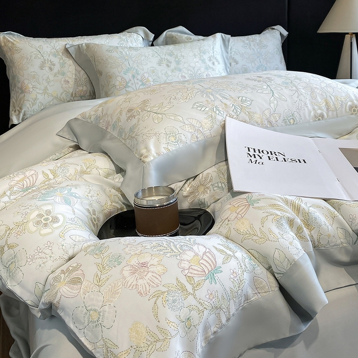 91家纺网 家纺一手货源 找家纺 2025春夏新款简奢款嵌绳莱赛尔数码印花四件套单夏被床笠床单款 素瑾 绿