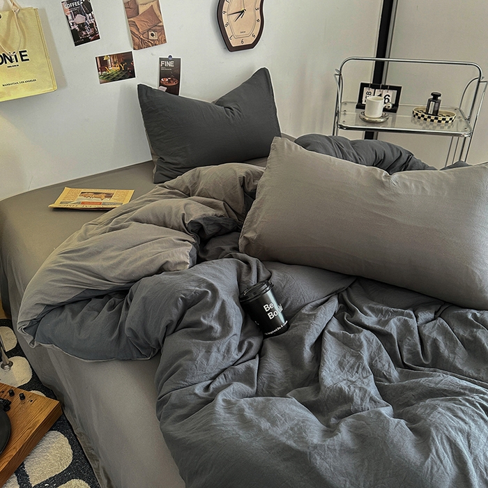 91家纺网 家纺一手货源 找家纺 耀达家居 2025新款纯色A类水洗棉双拼四件套 经典灰