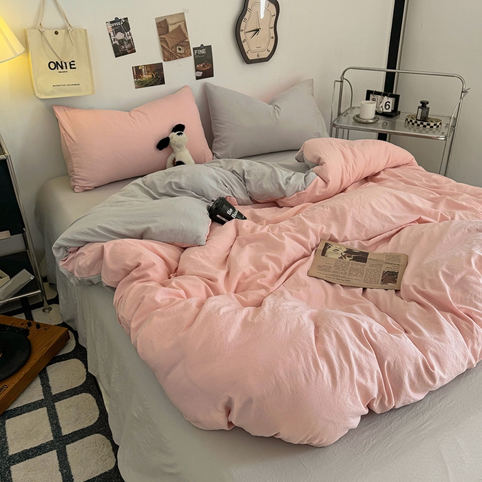 91家纺网 家纺一手货源 找家纺 耀达家居 2025新款纯色A类水洗棉双拼四件套 芭蕾灰粉