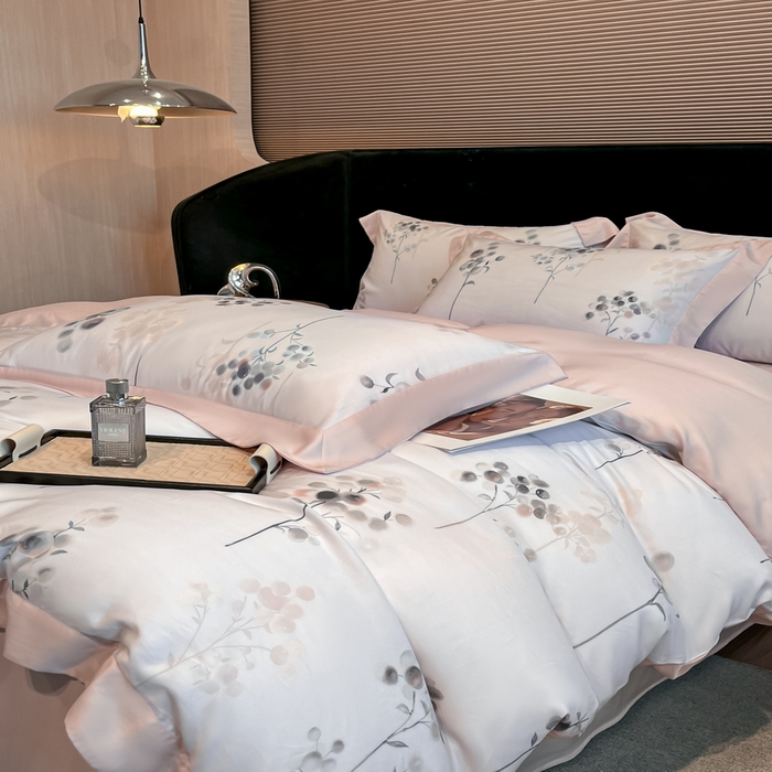 91家纺网 家纺一手货源 找家纺 2025春夏新款简奢款嵌绳莱赛尔数码印花四件套单夏被床笠床单款 浮光落影