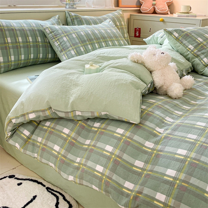 91家纺网 家纺一手货源 找家纺 盛秋家纺 2025新款亲肤格子水洗棉条纹格子四件套【简约风】伯曼+灰绿