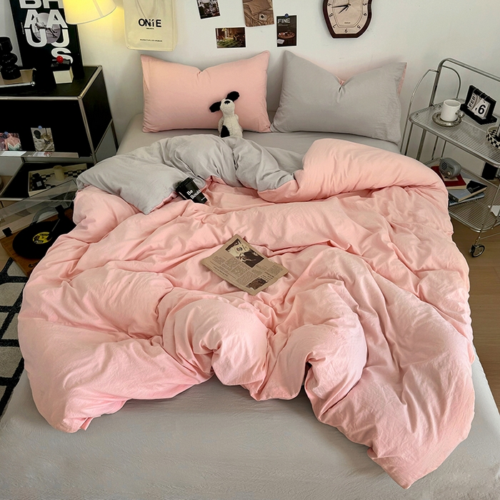 91家纺网 家纺一手货源 找家纺 耀达家居 2025新款纯色A类水洗棉双拼四件套 芭蕾灰粉