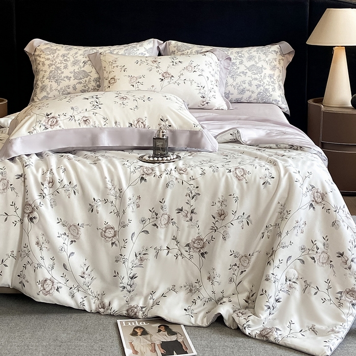 91家纺网 家纺一手货源 找家纺 2025春夏新款简奢款嵌绳莱赛尔数码印花夏被四件套单夏被床笠床单款 情依