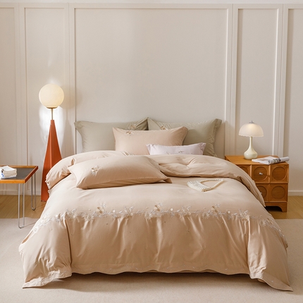 艾莱家纺 2025新款A类水洗棉加厚绣花四件套-栀夏 栀夏-格林棕