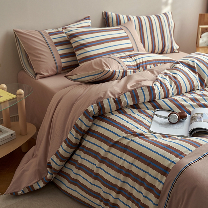 91家纺网 家纺一手货源 找家纺 安莱生活 2025新款全棉日式侘寂风条格系列四件套 咖时