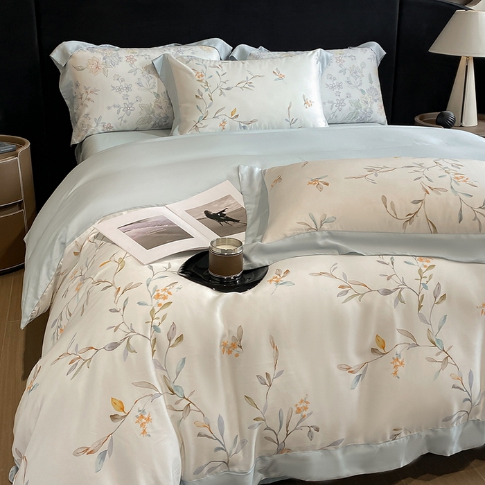 91家纺网 家纺一手货源 找家纺 2025春夏新款简奢款嵌绳莱赛尔数码印花四件套单夏被床笠床单款 清雅 