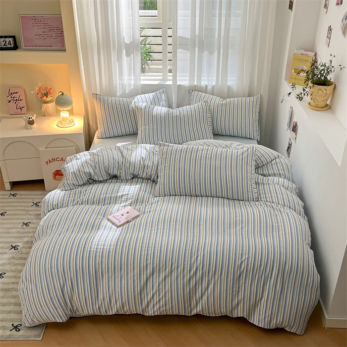 91家纺网 家纺一手货源 找家纺 盛秋家纺 2025新款亲肤格子水洗棉条纹格子四件套【简约风】蓝苏条+天空蓝