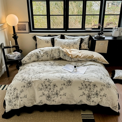 宅家居 2025新款爆款轻法式赫本风复古印花13372纯棉四件套韩式黑色花边40支全棉三件套 米娅