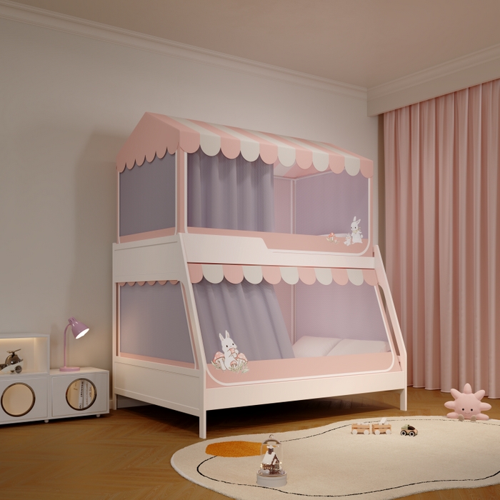 91家纺网 家纺一手货源 找家纺 卓尔居2025新款子母蚊帐小房子系列 彩虹小窝-粉