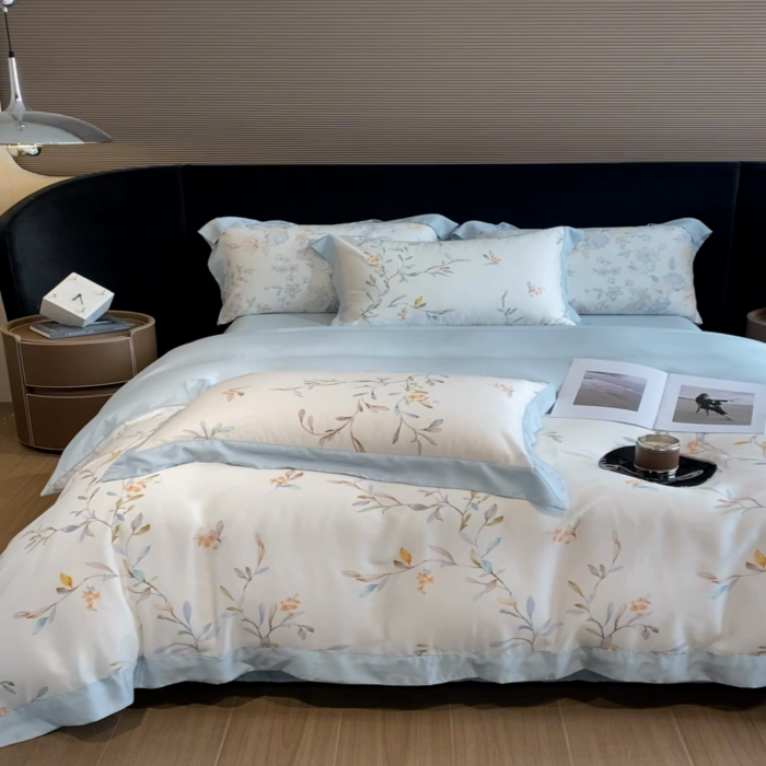 91家纺网 家纺一手货源 找家纺 2025春夏新款简奢款嵌绳莱赛尔数码印花四件套单夏被床笠床单款 妍艺 黄